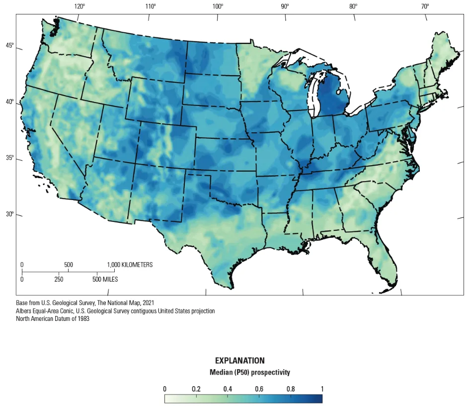 USGS Median (P50) Geologic Hydrogen Prospectivity — Conterminous United States